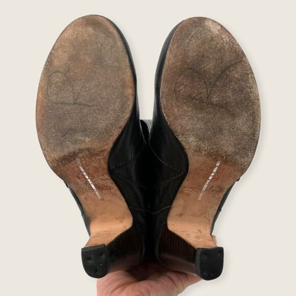 Dolce Vita Black Leather Bow Faux Fold Over 3" Stacked Heel Ankle Boots 6.5 - Picture 6 of 7